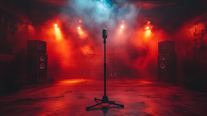 futuristic music stage with glowing microphone, vibrant lights, and smoke creates electrifying atmosphere