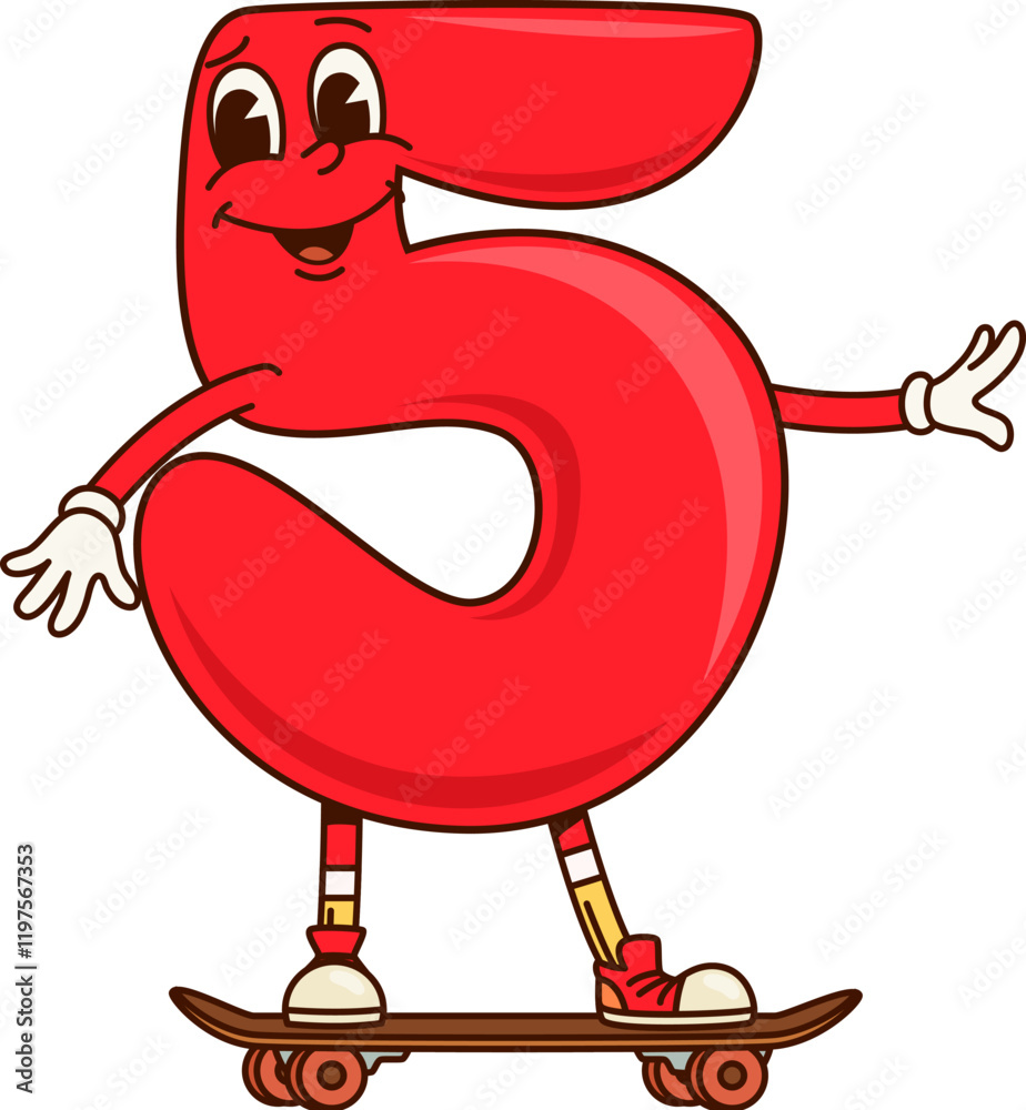 Poster math number five groovy character riding skateboard, vector retro cartoon. groovy number 5 five nume