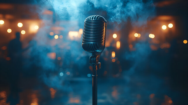 vintage microphone stands on cozy stage surrounded by soft blue smoke, creating captivating atmosphere for live music