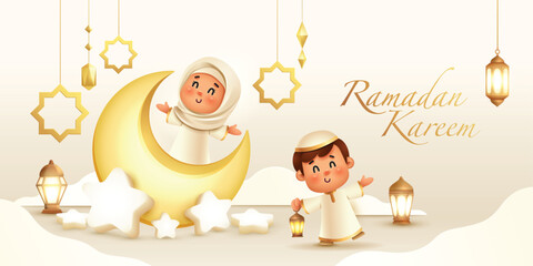 Islamic Ramadan Kareem Celebration: Joyful Kids with Lanterns and Crescent Moon