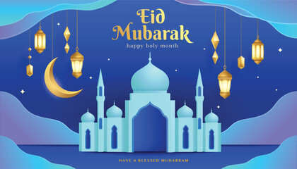 Eid Mubarak: Golden Lanterns and Crescent Moon with Majestic Mosque