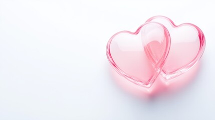Obraz premium Two exquisite glass hearts glisten on a pristine white surface, embodying love's beauty and romance, perfect for celebrating Valentine's Day.