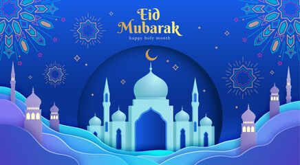 Eid Mubarak: Night of Celebration with Mosque and Star Patterns