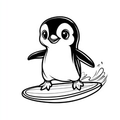 Obraz premium Happy penguin surfing ocean wave; children's book illustration
