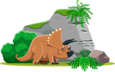 Triceratops Prehistoric dinosaur. Isolated cartoon vector herbivorous dino that lived during the late cretaceous period, stands at lush landscape with ferns and rocks, covered with moss and bushes © Vector Tradition