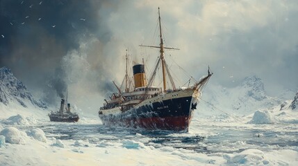 Fototapeta premium Polar Ice: Two Ships Navigating Frozen Waters