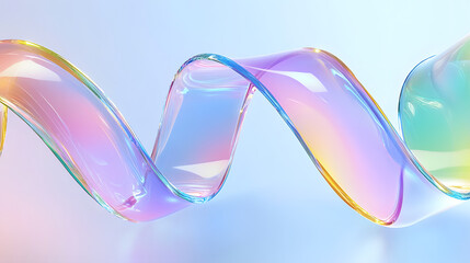 3d abstract liquid glass ribbon with transparent wave lines, rainbow fluid curves, holographic gradient textures, and dispersion light effects for modern design elements in a glossy flying form.