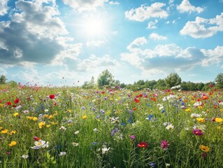 Colorful wildflower field under a bright sky with fluffy clouds