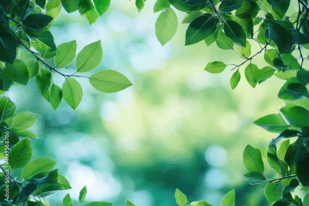 Poster natural green leaves creating a serene atmosphere with ample space for text in a tranquil outdoor se