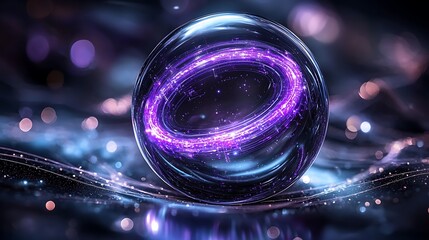 Advanced energy cell, glowing purple circuits in a crystal-clear shell, floating in an immersive sci-fi background with abstract light patterns, vibrant and ethereal mood
