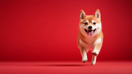 Energetic Shiba Inu in Action on a Bold Red Background