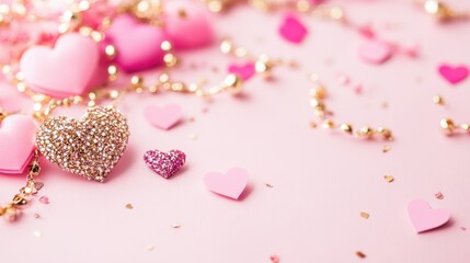 A playful arrangement of vibrant hearts and sparkling gold confetti dances across a soft pink surface, creating a whimsical celebration of love and joy.