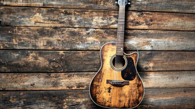 Acoustic guitar leaning against a rustic wooden wall in a cozy musically inspired space