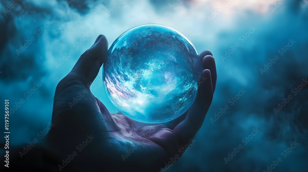 Poster enigmatic hand holding a luminescent orb amidst a misty azure atmosphere evoking mystical and celest