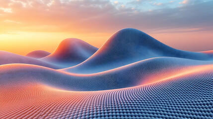 Serene Sunset Landscape with Abstract Geometric Mountains and Textured Hills