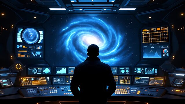 Futuristic spaceship cockpit featuring a blue galaxy display and control panel with glowing button