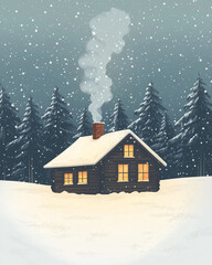 Fototapeta premium Cozy Winter Cabins with Snow-Covered Roofs and Warm Lights Illuminating Snowy Forests