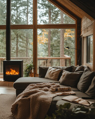 Fototapeta premium Cozy Living Rooms with Warm Fireplaces, Soft Blankets, and Serene Winter Views