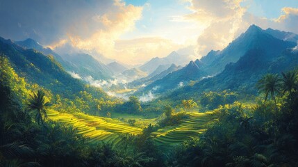 Sunlit mountain valley with rice terraces and lush greenery.