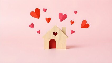 Wooden house toy and paper box red heart shape on pink background with copy space.Real estate concept, New house concept, Love house concept, Finance loan business concept