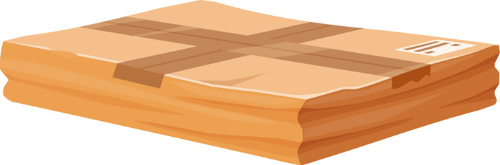 Damaged crumpled cardboard box or broken crushed and ripped cargo delivery package, vector icon. Damaged parcel package or cargo delivery box with bent and crumpled cardboard or crushed carton box