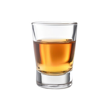 A clear shot glass filled with amber alcohol stands prominently against a clean transparent background, Alcohol in Shot Glass Isolated, transparent background.