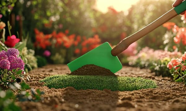 Green gardening label on trowel above patch of grass in sunlit garden bed.