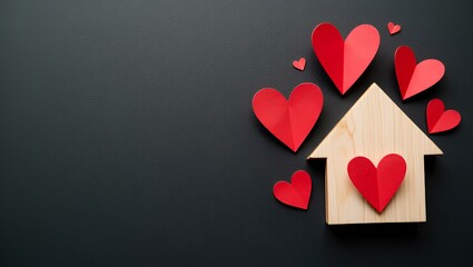 Wooden house toy and paper box red heart shape on black background with copy space.Real estate concept, New house concept, Love house concept, Finance loan business concept