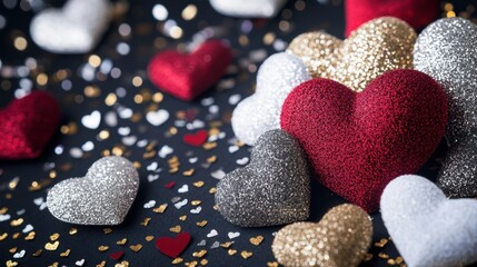 Obraz premium Delicate hearts dance on a dark canvas, surrounded by shimmering gold and silver confetti, creating a magical valentinesDay spectacle.