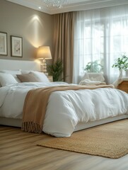Fototapeta premium Cozy bedroom interior with natural light and earthy tones.