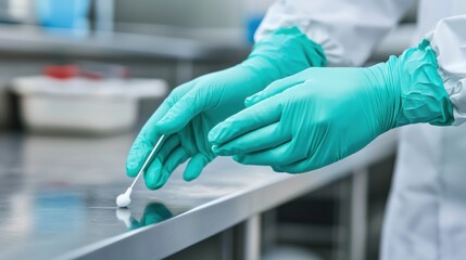 Food safety contamination control concept. Gloved hands using a swab to test a kitchen surface for sanitization and cleanliness
