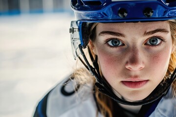 A girl in an ice hockey uniform is seen in close-up, her intense focus standing out against the softly blurred ice rink behind her.