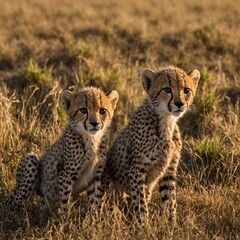 Obraz premium A cheetah cub playing with its siblings in tall grass. A mother cheetah watching over her cubs in a grassy savanna. A graceful cheetah sprinting through tall golden grass in the morning light. 