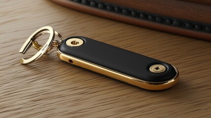 Elegant Black and Gold Keychain on Wooden Surface with Smooth Finish