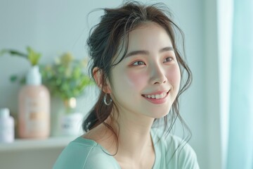 Naklejka premium The pastel green attire emphasizes her glowing skin and gentle features, creating a calming and elegant vibe.