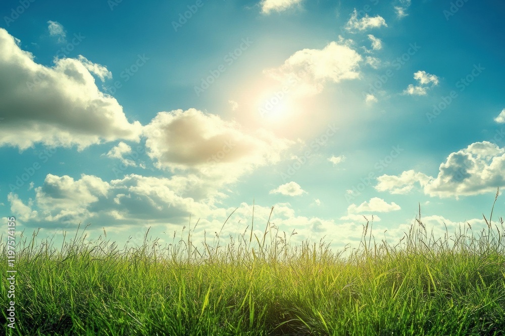 Aufkleber bright sunshine illuminates lush green grass under a clear blue sky with fluffy clouds and ample spa