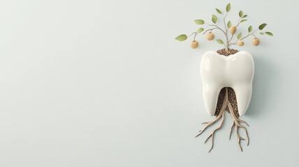 An abstract depiction of a tooth growing as a tree, with roots spreading into healthy soil and branches filled with fruits