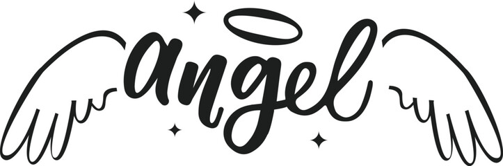 Obraz premium Stylish black lettering spelling the word angel featuring angel wings and halo with sparkling stars, ideal for religious or spiritual designs
