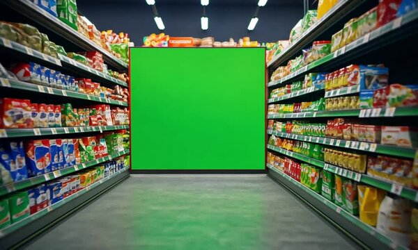 Supermarket Aisle with Green Screen Background for Product Placement
