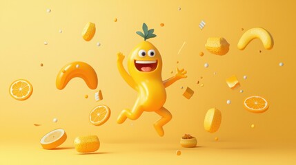 Naklejka premium A cheerful, cartoonish yellow character leaps amidst floating fruit slices, creating a vibrant, playful atmosphere.
