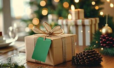 Rustic Christmas Gift on Wooden Table with Blurred Background - Powered by Adobe