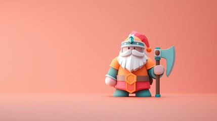 A colorful, cartoonish figure of a Santa-like character holding an axe, set against a light peach background.