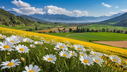 Obraz premium Countryside Landscape with Blooming Daisies, Rolling Fields, and Majestic Mountain Views