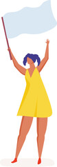 Young woman waving a white flag is celebrating victory or surrendering, asking for a truce during a protest or competition, isolated on white background