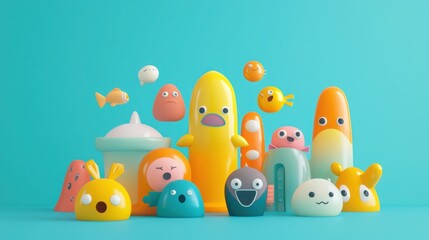 Fototapeta premium A vibrant collection of cute, colorful, cartoonish characters against a teal background, showcasing playful designs and whimsical shapes.