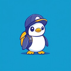 Obraz premium Cartoon penguin wearing a cap and backpack, on a blue background. Use as illustration