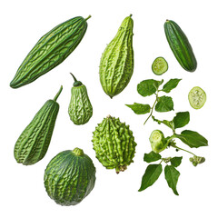 A vibrant collection of balsam apple, balsam pear, and bitter cucumber on a neutral background, balsam apple, balsam pear, bitter cucumber, bitter gourd, bitter melon on transparent background
