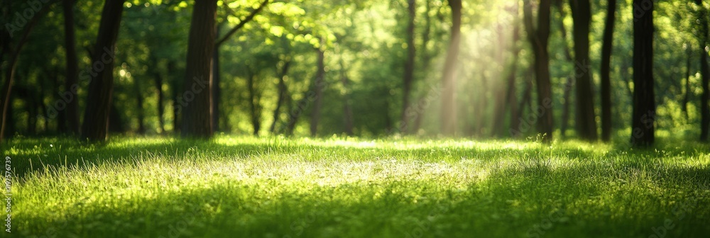 Poster Natural green forest setting with sunlight filtering through trees and ample space for text placement. Generative AI
