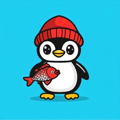 Cartoon penguin wearing hat holding fish on a plain background, for kid-friendly content use