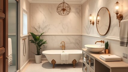 Luxurious Modern Bathroom Interior with Freestanding Tub, Marble Walls, and Gold Accents